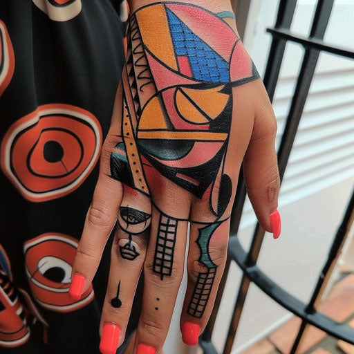 Colorful abstract hand tattoo for women with geometric shapes