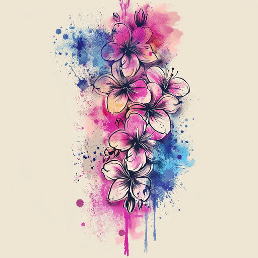 Artistic flat tattoo sketch of sakura flowers merging into a watercolor splash