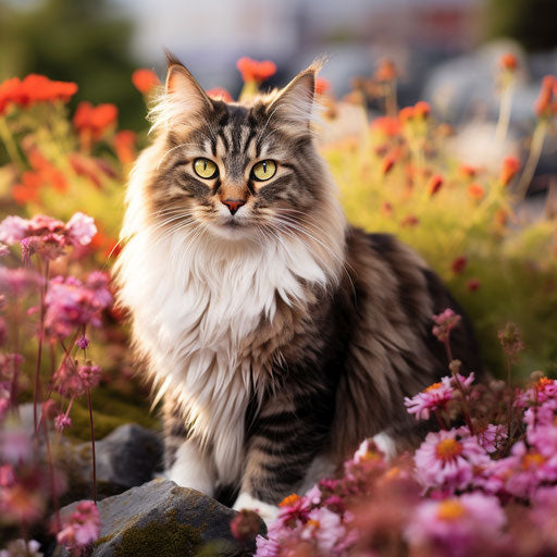 Norwegian forest cat in a flower bed with beautiful flowers