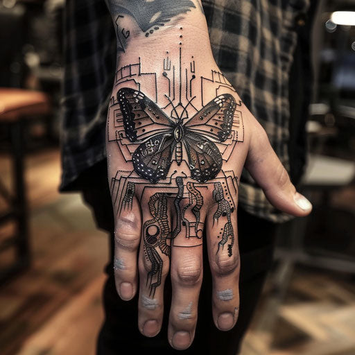 Butterfly tattoo on hand with cyberpunk motifs