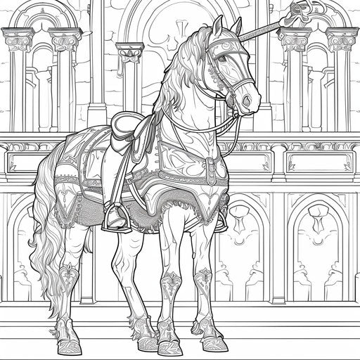 Horse in medieval knight's armor. Coloring book page