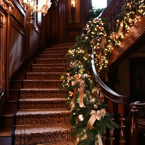 Staircase adorned with garland and sparkling ornaments