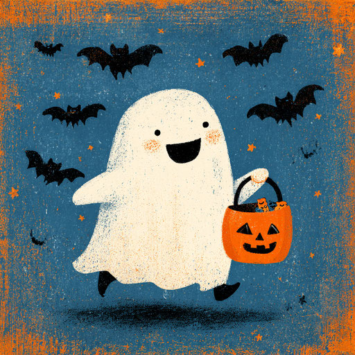 Mischievous ghost with a pumpkin and flying bats