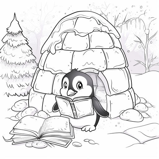 Adorable penguin reading a book by a cozy igloo