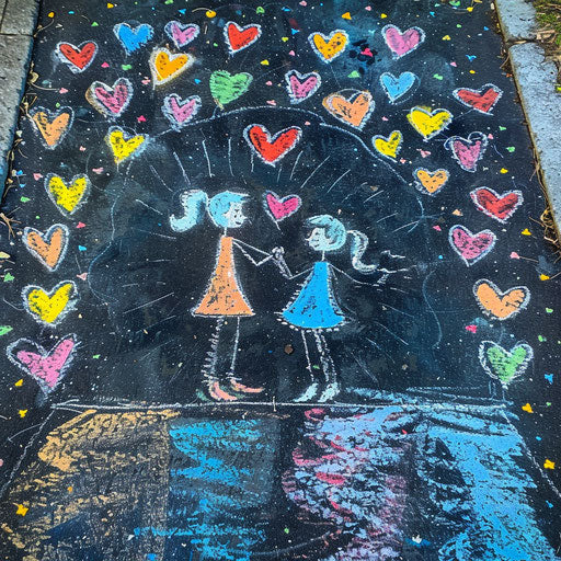Funny chalk drawing of couple holding hands, surrounded by floating hearts