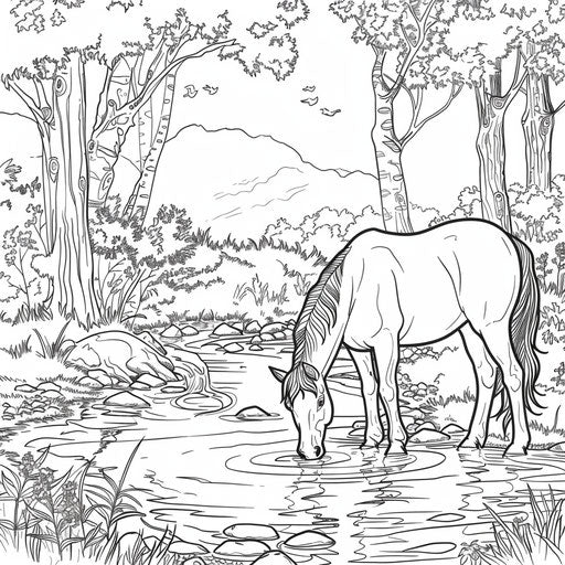 Pony drinking water from a clear stream in a forest