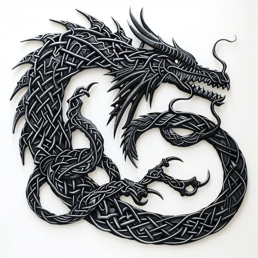 Elaborate Celtic dragon in black and gray on white