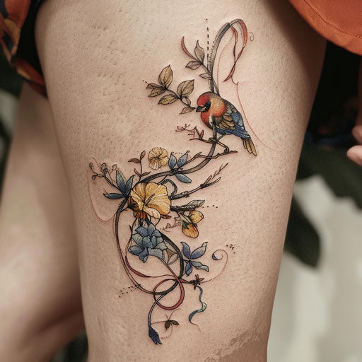 Friendship tattoos in the style of Maria Sibylla Merian with intertwining botanical elements