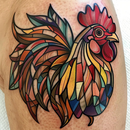 Rooster tattoo in stained glass style, vibrant colors