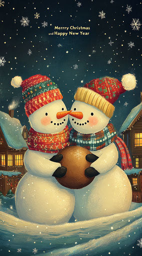 Two snowmen in love in snowy night landscape