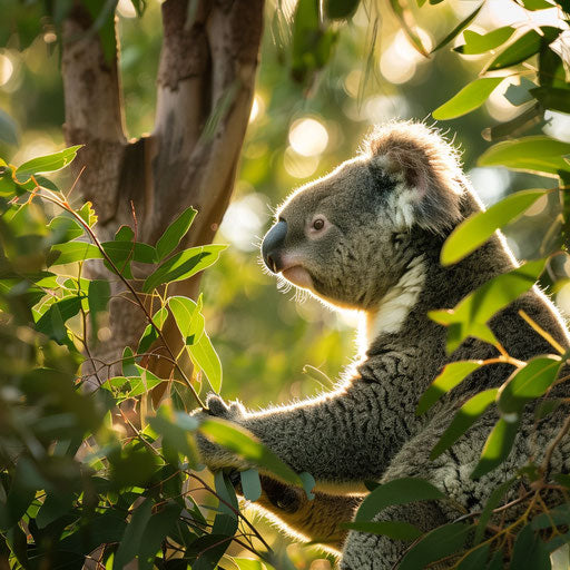 Koala in a vibrant green eucalyptus forest