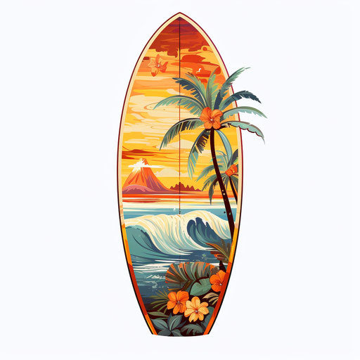 Surfboard artwork in the style of Oil painting, on white