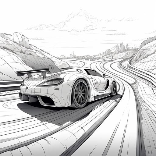 Race car on racing track coloring pages, xbox 360 graphics style, strong contrast