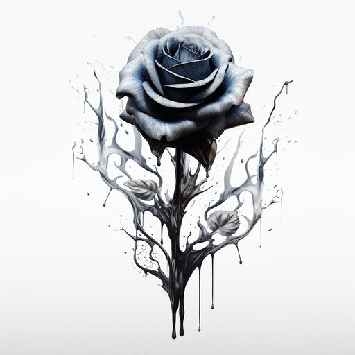 Black rose tattoo with roots, black and white style, matte hyper-realistic drawing