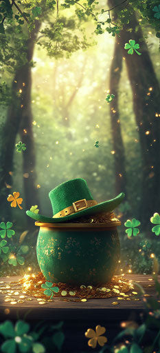 Shamrocks and gold under forest lighting, St. Patrick's theme
