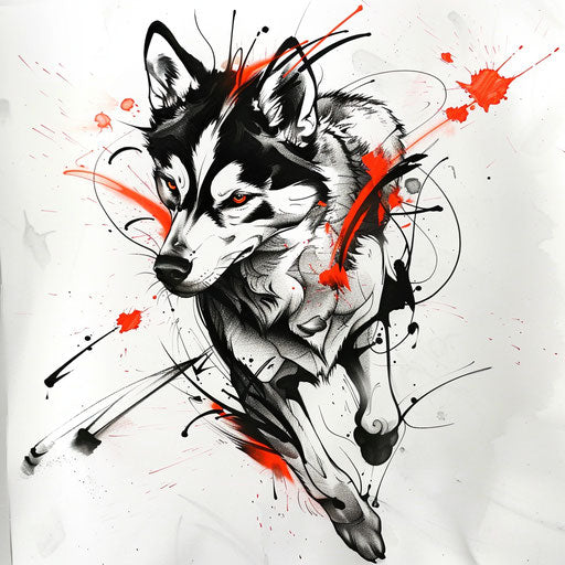 Dynamic sketch of a running husky with abstract splashes