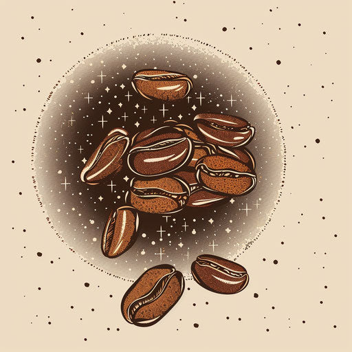 Whimsical sketch of coffee beans forming a galaxy
