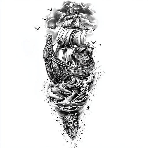 Viking tattoo sketch on stormy sea background