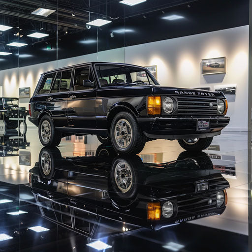 Restored Range Rover classic, dramatic lighting, reflective surfaces