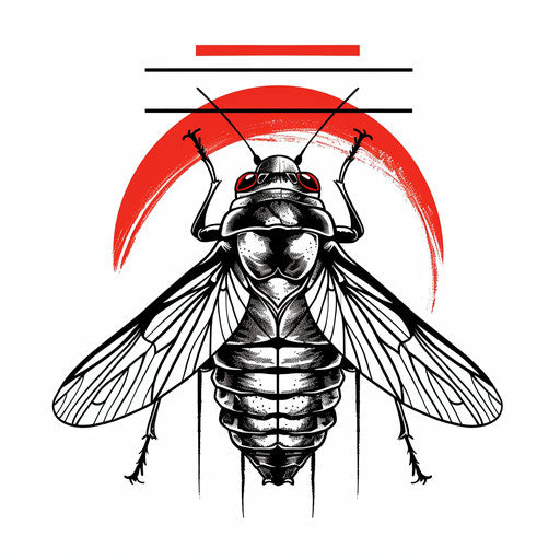 Bold sketch of cicada with black outlines and flat red accents
