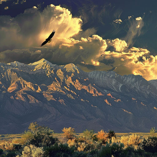The sandia mountains with an eagle soaring above, in the style of Peter Holme III