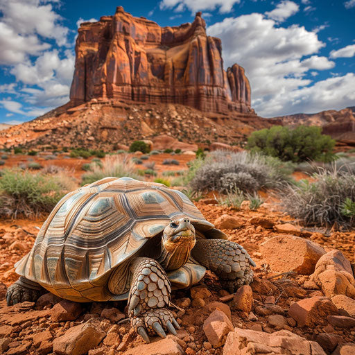 Texas tortoise near towering red rock formation