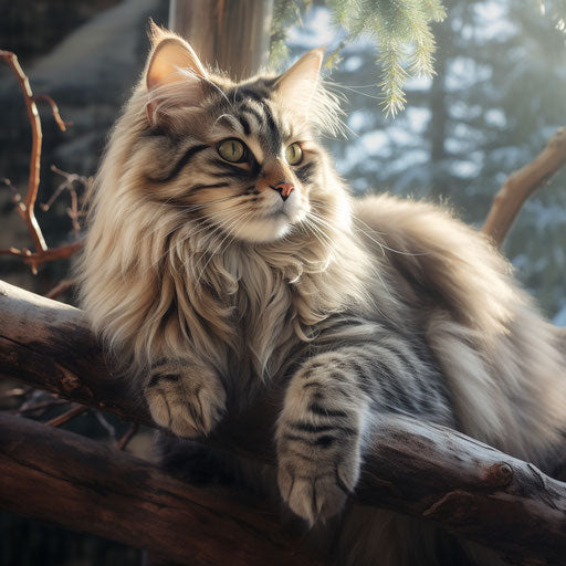 A Siberian cat lying on a tree branch