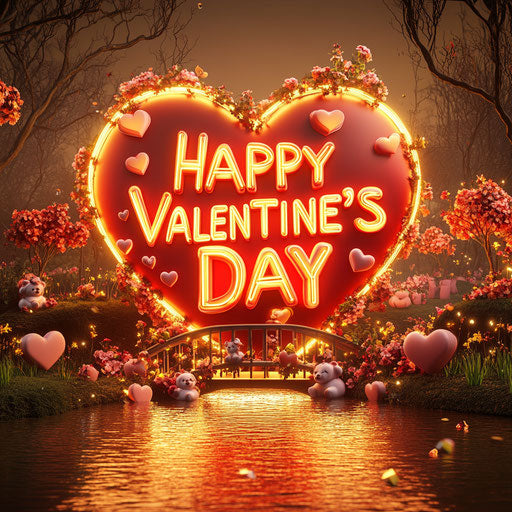 Happy Valentine's Day with heart and bridge on brown background