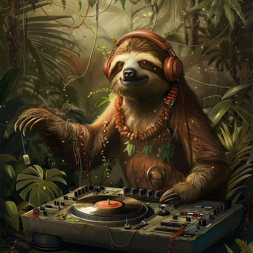 A sloth DJ at a lively jungle party