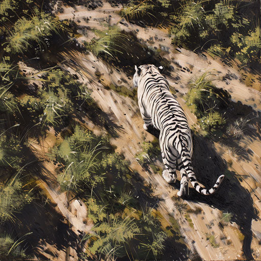 A white tiger exploring the open savannah from above