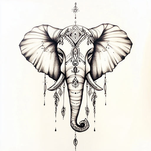 Small elephant tattoo with tribal jewelry on white background