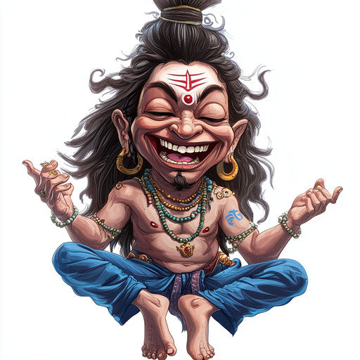Humorous caricature of a shiva clipart with human characteristics, exaggerated expressive eyes, toes feet, playful setting, vibrant colors, cartoon style, laughing, high-resolution, no background, isolated
