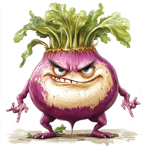Humorous caricature of a turnip caricature clipart with human characteristics, exaggerated long eyelashes, with toes feet, gigantic, vibrant colors, cartoon style, frowning, high resolution, no background, isolated