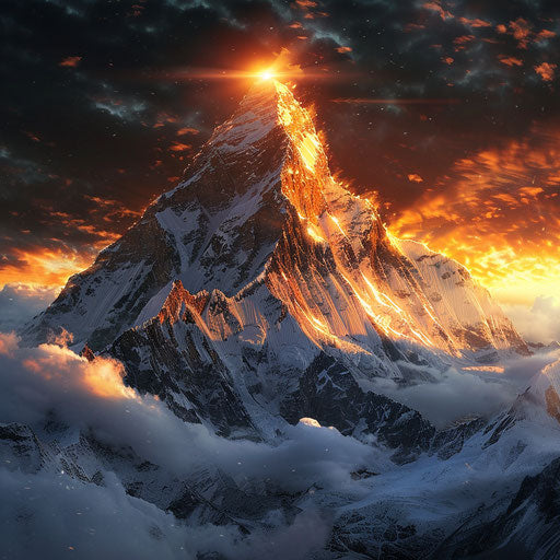 Mount Everest at sunrise, in the style of David Keochkerian