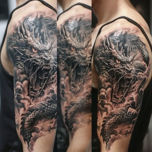 Half sleeve tattoo for men in the style of Glenn Fabry with a realistic dragon