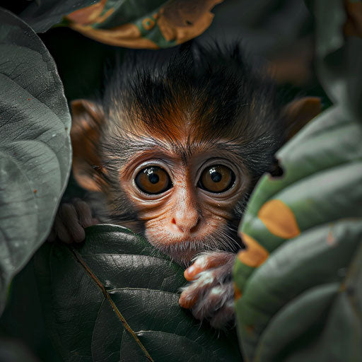 Adorable monkey peeking from leaves