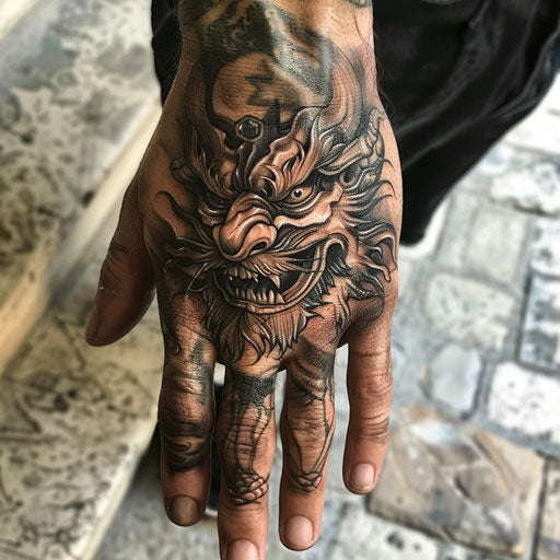 Finger tattoos for men in the style of David Palumbo with mythical creature illustrations