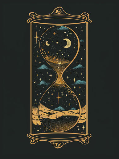 Hourglass with dark starry sky and moon, feminine sticker art