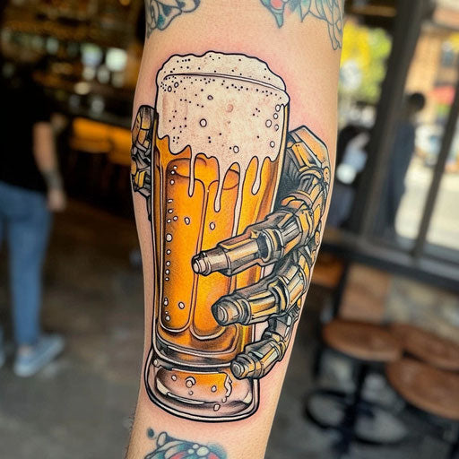tattoos and booze with a biomechanical hand holding a beer mug on the forearm in the style of Adrian Smith