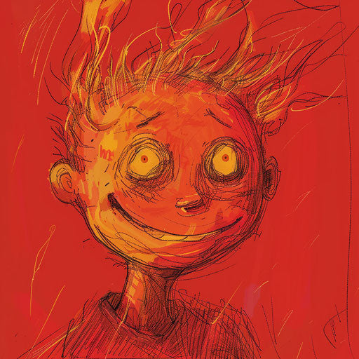 Red and flame drawing with small face, zany humor