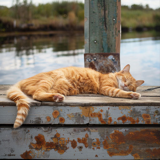 chubby cat resting on a pier