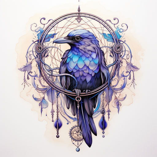 Blue bird with dream catcher on ivory background