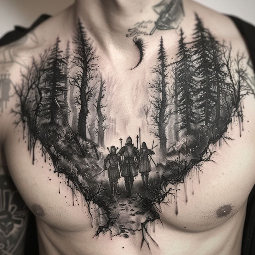 Epic fantasy tattoo with knights and enchanted forests