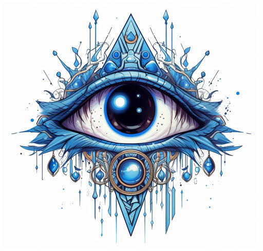 Blue eye and arrows, whimsical composition style, lunarpunk, bold outlines, flat colors, divinatory objects, talismans and amulets, white background, light sky-blue and light black, nightmarish illustrations