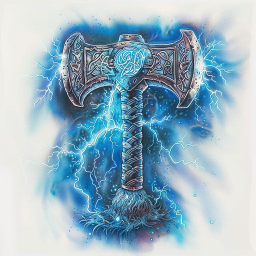 Vibrant Nordic hammer with blue lightning bolts on white background