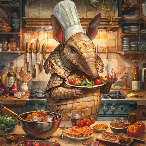 Armadillo chef preparing exotic dishes in gourmet kitchen