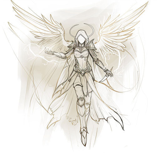 Ethereal guardian angel with glowing outlines as tattoo sketch