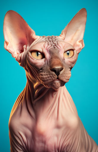 Sphynx cat on orange background, light beige and dark azure style
