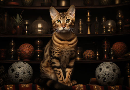Bengal cat sitting on shelves and looking up