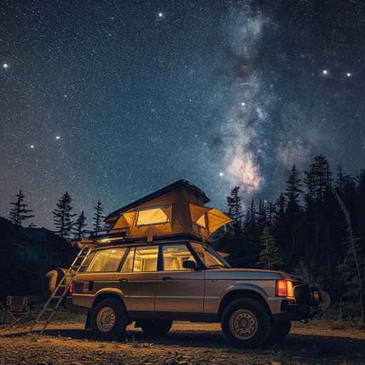 Off-road SUV with camping gear under the stars